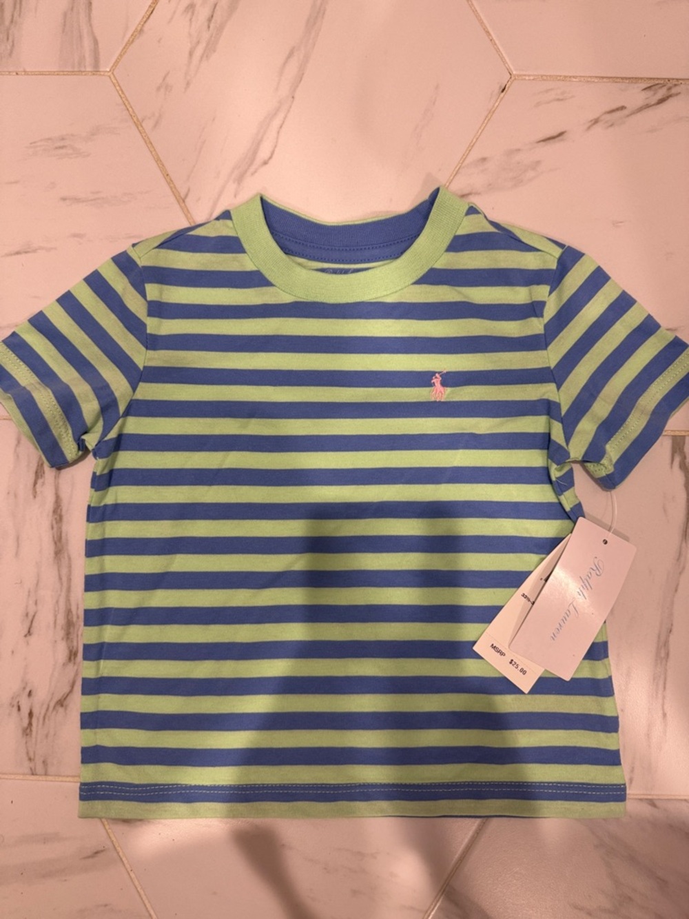 Ralph Lauren Kids Blue & Lime Striped Polo Tee with Pink Pony